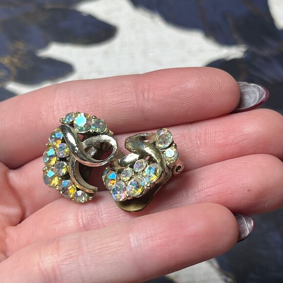 Vintage Crescent Silver Tone Sparkling AB Aurora Borealis Earrings - Picture 2 of 6